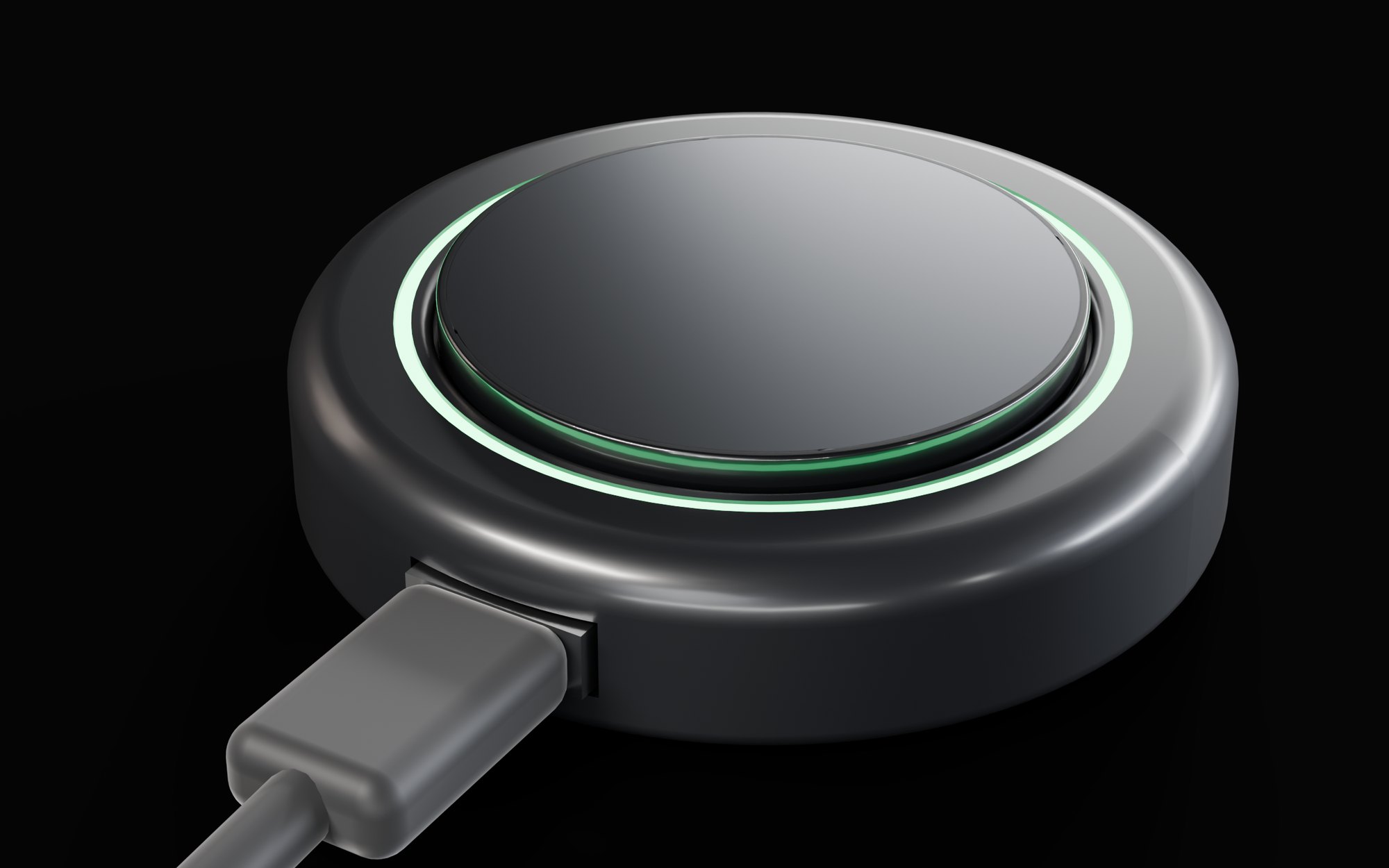 Pulse Pod resting in its round charging dock, a soft green ring glowing around it