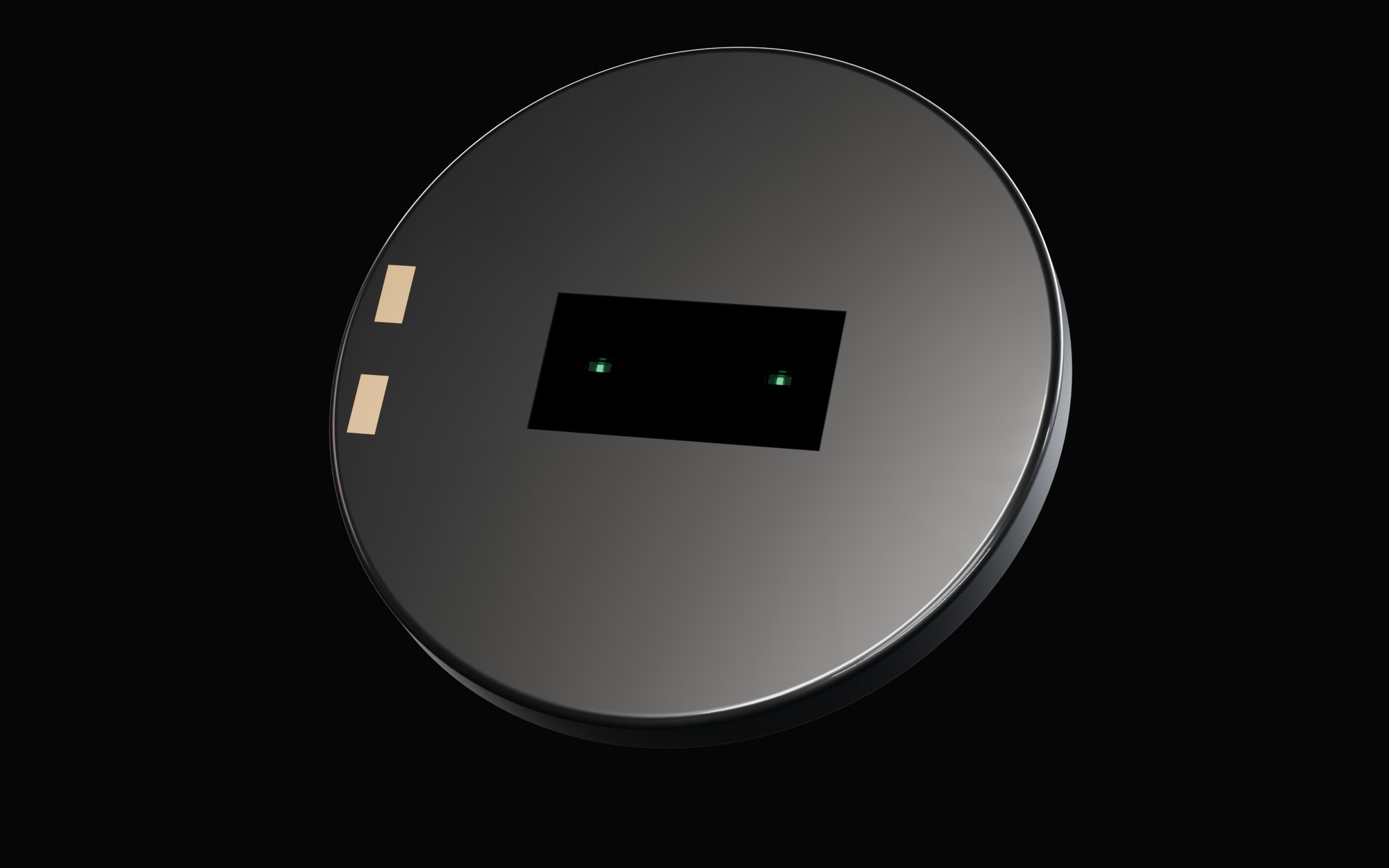 Pulse Pod, a thin black ceramic disc with a dark sensor window and two small gold charging contacts